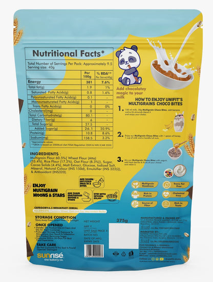 UNIFIT Multigrain Choco Bites Breakfast Cereals for Kids Rich in Protein Cereal Oats Instant & Crunchy Ready to Eat With Goodness of Wheat, Rice & Oats Grain -375g