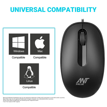 Ant Value OM120 Wired Optical Mouse, 1000 DPI, 3ft Cable, Easy and Accurate Scroll Button, Optical Sensor Computer Mouse, Left and Right-Hand Use for Laptop, PC, Mac Notebook and Linux-Matte Black