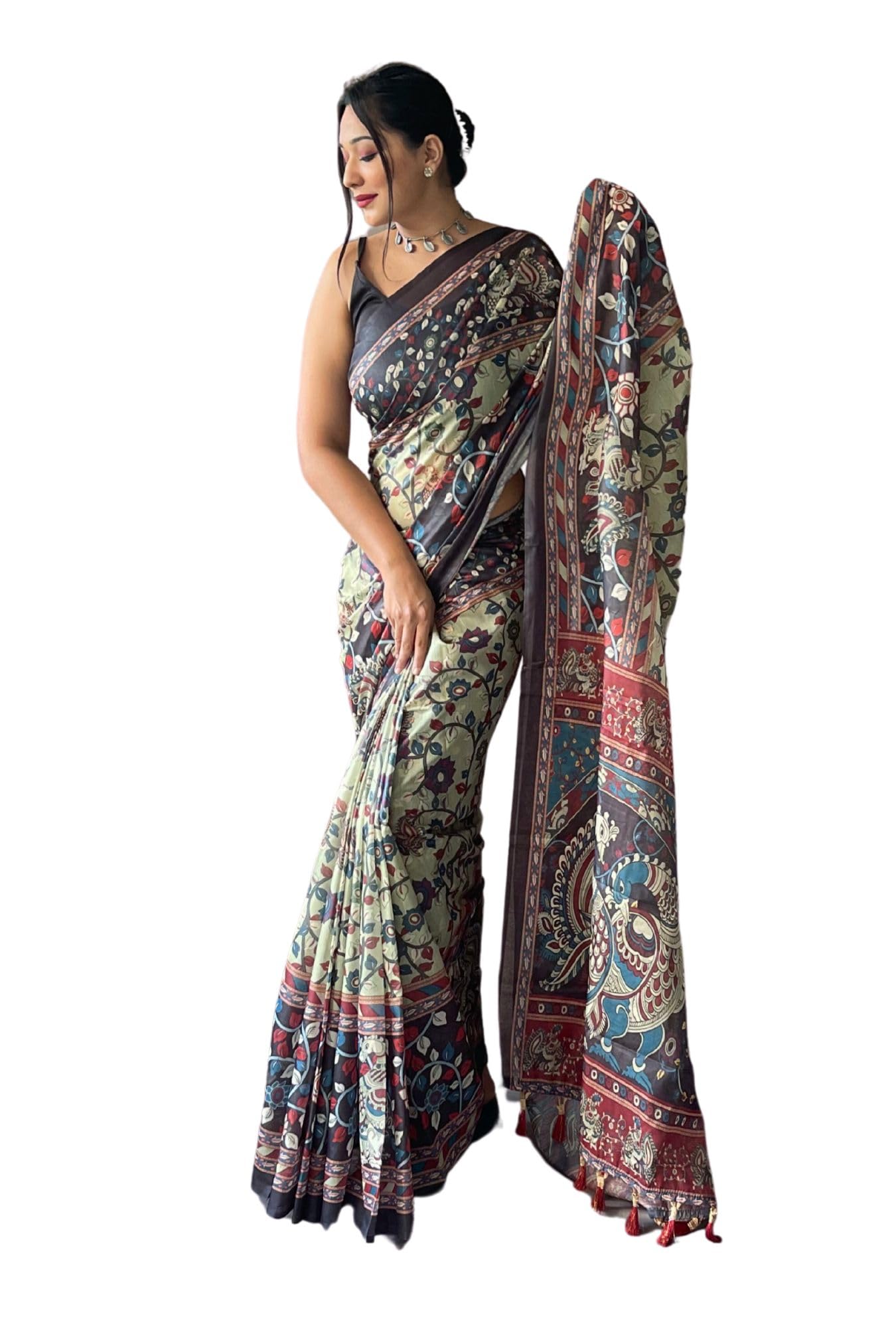 SGF11 Women's Cotton Linen Kalamkari Silk Printed Saree With Blouse Piece