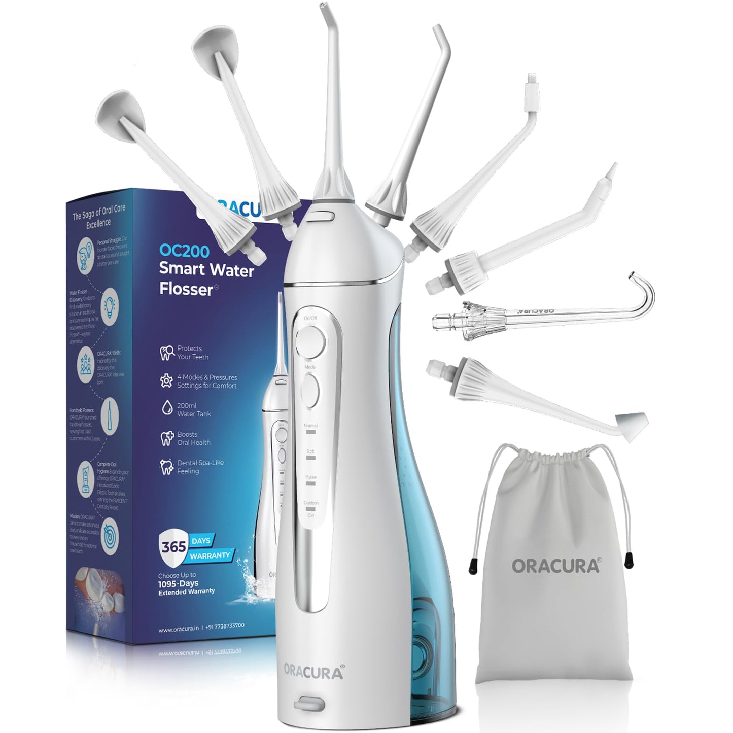 ORACURA® OC200 Dental PRO Smart PLUS Water Flosser® Black, 8 Nozzle Tips, Portable & Rechargeable, Custom 8 Water Pressure Settings, 200ml Tank Capacity, IPX7 Waterproof, 365 Days Warranty