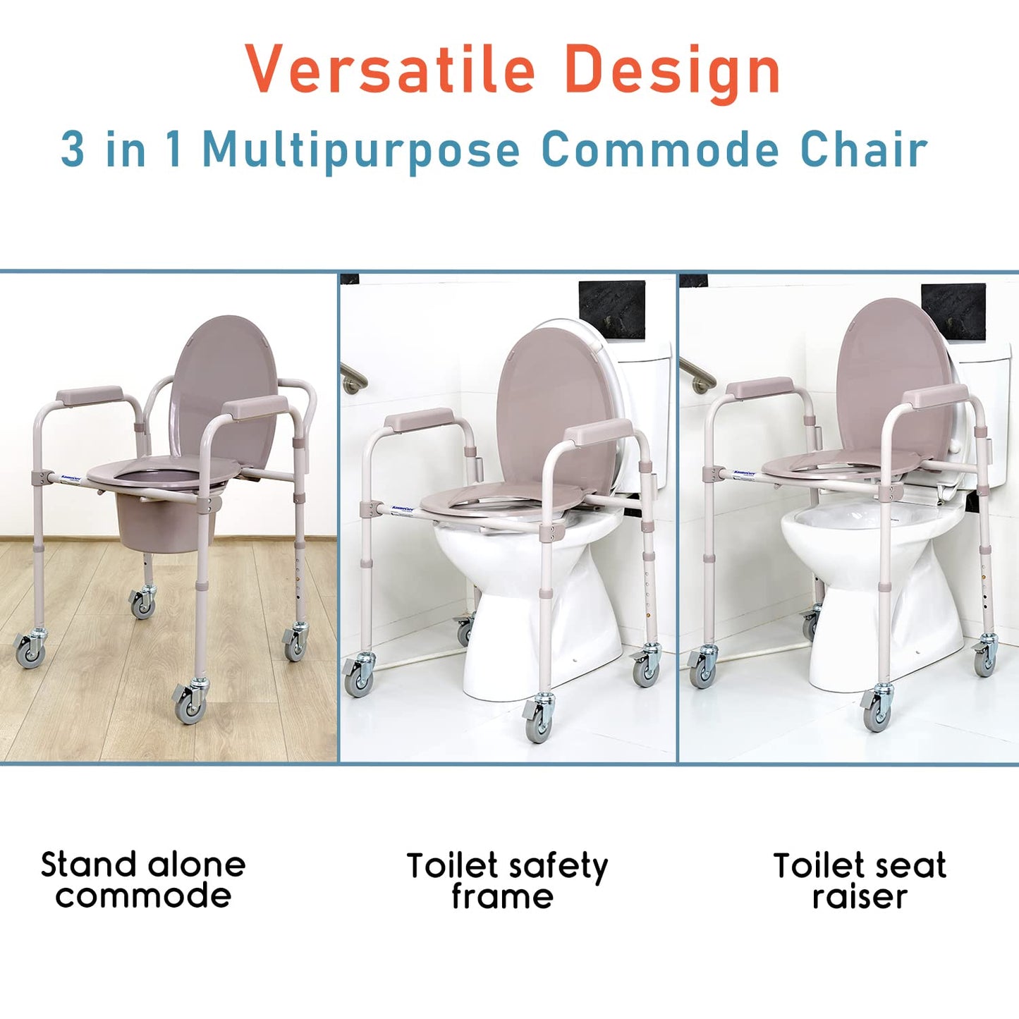 KosmoCare Folding Commode Chair with Large Bucket | 3-in-1 Usage - Bedside Commode, Raised Toilet Seat Riser, Safety rails | Portable Commode for adults & elderly |