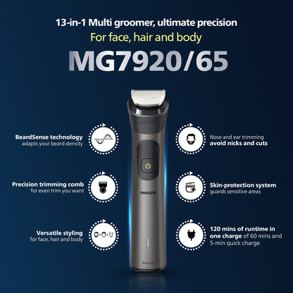 Philips India's No.1 Men's Trimmer| Patented Twin Trim Blades I Precision Trimming, 13-in-1 Modern Man Kit -Face, Body & Private Parts I 3 Year Warranty I120Min Runtime I 5 min Quick Charge MG7920/65