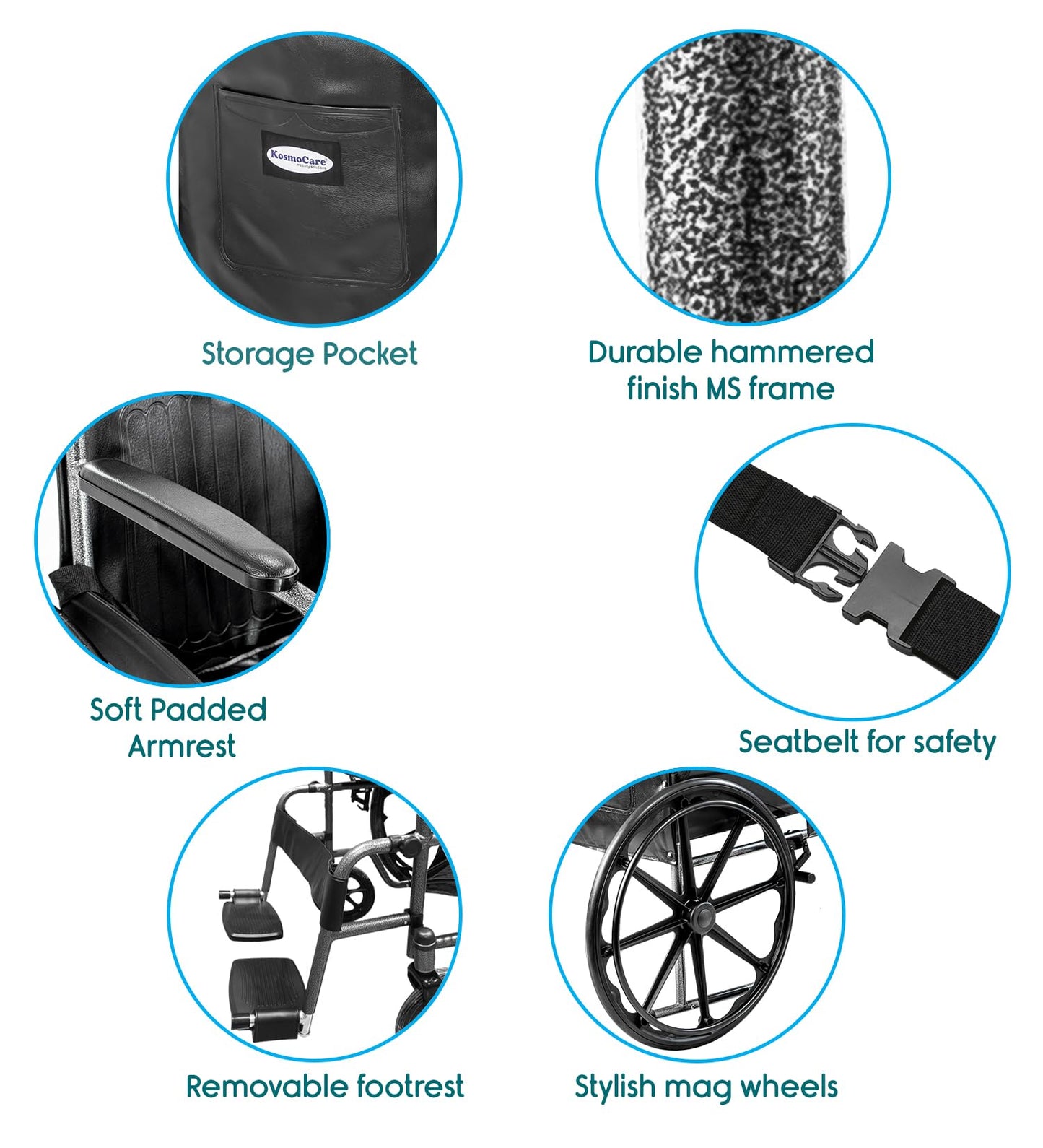 KosmoCare Dura Rexine Wheelchair | Self-Propelled & Attendant Use | Hammered Finish MS Frame | 24" Mag Wheels | Removable Footrests | Foldable Design | Comfortable Rexine Seat | Supports Up to 100 kg