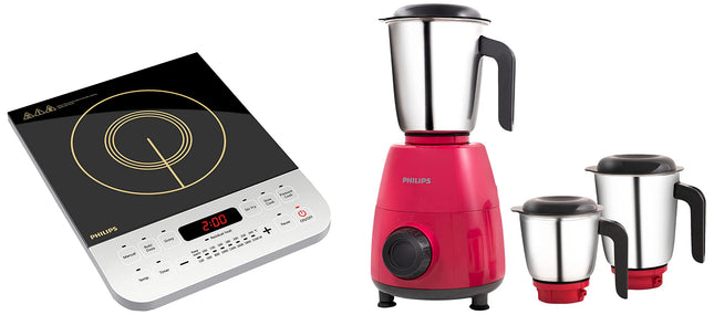 Philips Viva Collection Hd4928/01 2100-Watt Induction Cooktop (Black) & Philips Hl7505/02 500-Watt Mixer Grinder With 3 Jars (Red)- Dry Jar, Chutney And Wet Jar 