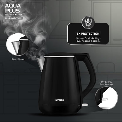 Havells Electric Kettle Aqua Plus 1250 Watts 1.2 liters , Double Layered Cool Touch Outer Body | 304 Rust Resistant SS Inner Body with Auto Shut Off | Wider Mouth | 2 Yr Manufacturer Warranty (Black)