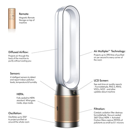 Dyson Purifier Cool Formaldehyde Air Purifier (Advanced Technology), HEPA + Catalytic Oxidation Filter, Wi-Fi Enabled, TP09 (White/Gold) 