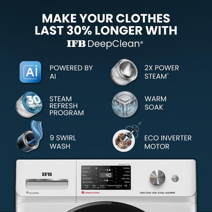 IFB 9 Kg 5 Star Powered by AI with 9 Swirl Wash, WiFi, Fully Automatic Front Load Washing Machine (Executive SXN 9014K, Steam Refresh Program with Eco Inverter, Rich Silver) 