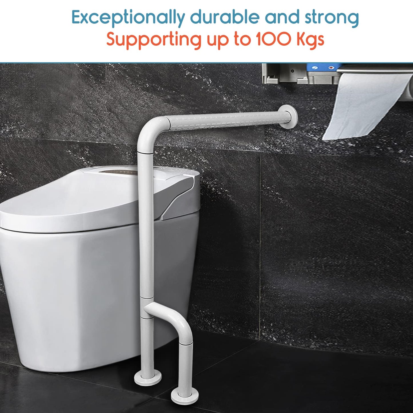 KosmoCare Stainless Steel Standing Grab Bar with Anti-Slip Nylon Grip & Floor Support, Wall Mounted Fixed Grab Bar for Bathroom | Grab Bars for Toilet Senior Citizens | Toilet Grab bar for Elderly