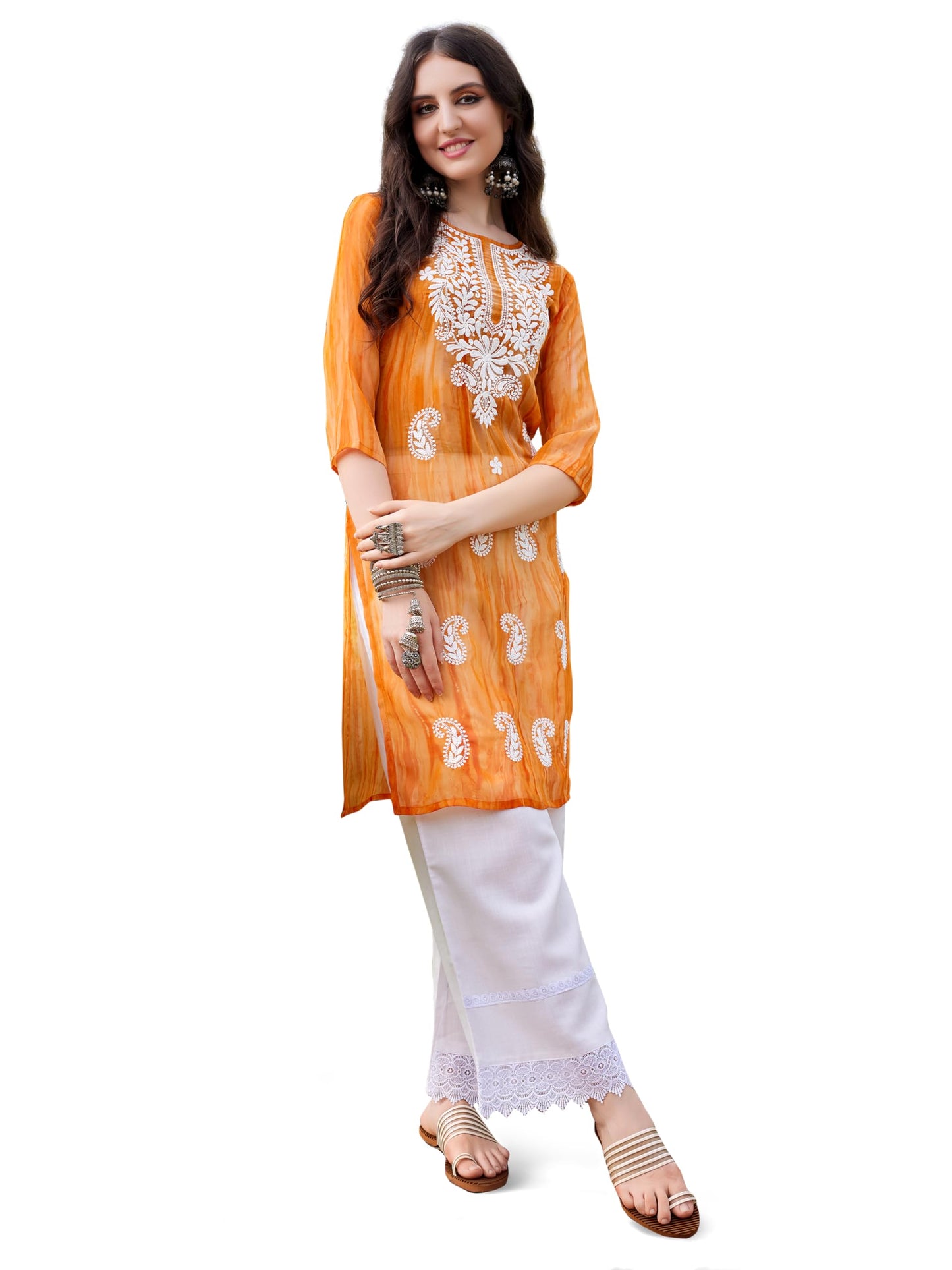 EthnicJunction Women's Georgette Chikankari Embroidery Straight Kurta