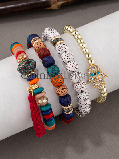 Shining Diva Fashion Bohemian Stackable Multilayer Hamsa Hand Evil Eye Lucky Protection Bracelets Multicolor Crystal Charm Beaded Bracelet for Women Girls