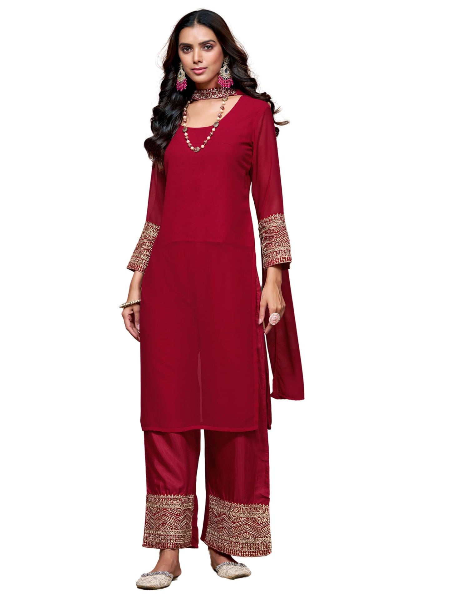 EthnicJunction Women's Georgette Sequine Lace Work Kurta Palazzo and Dupatta Set