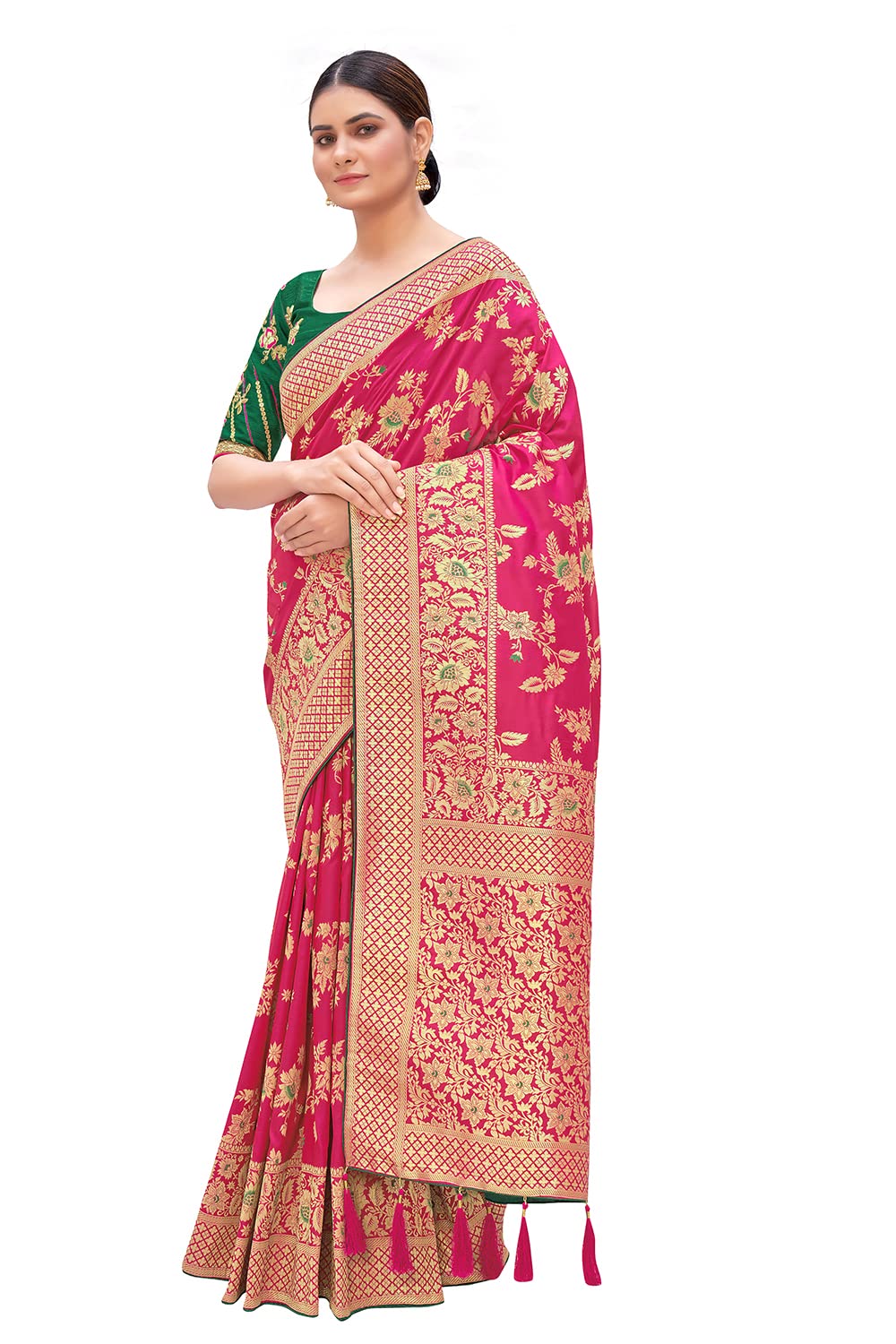 Monjolika Fashion Women's Banarasi Silk Blend Zari Woven Work With Tussles Saree and Embroidered Work Blouse Piece(37769 color)