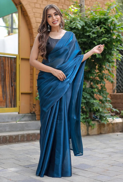 SATAZ Women's Ready to Wear Jimichu Silk One Minute Readymade Traditional Designer Blue Saree With Unstitched Blouse