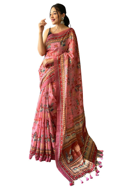 SGF11- Women's Cotton Linen Kalamkari Silk Printed Saree With Blouse Pieces