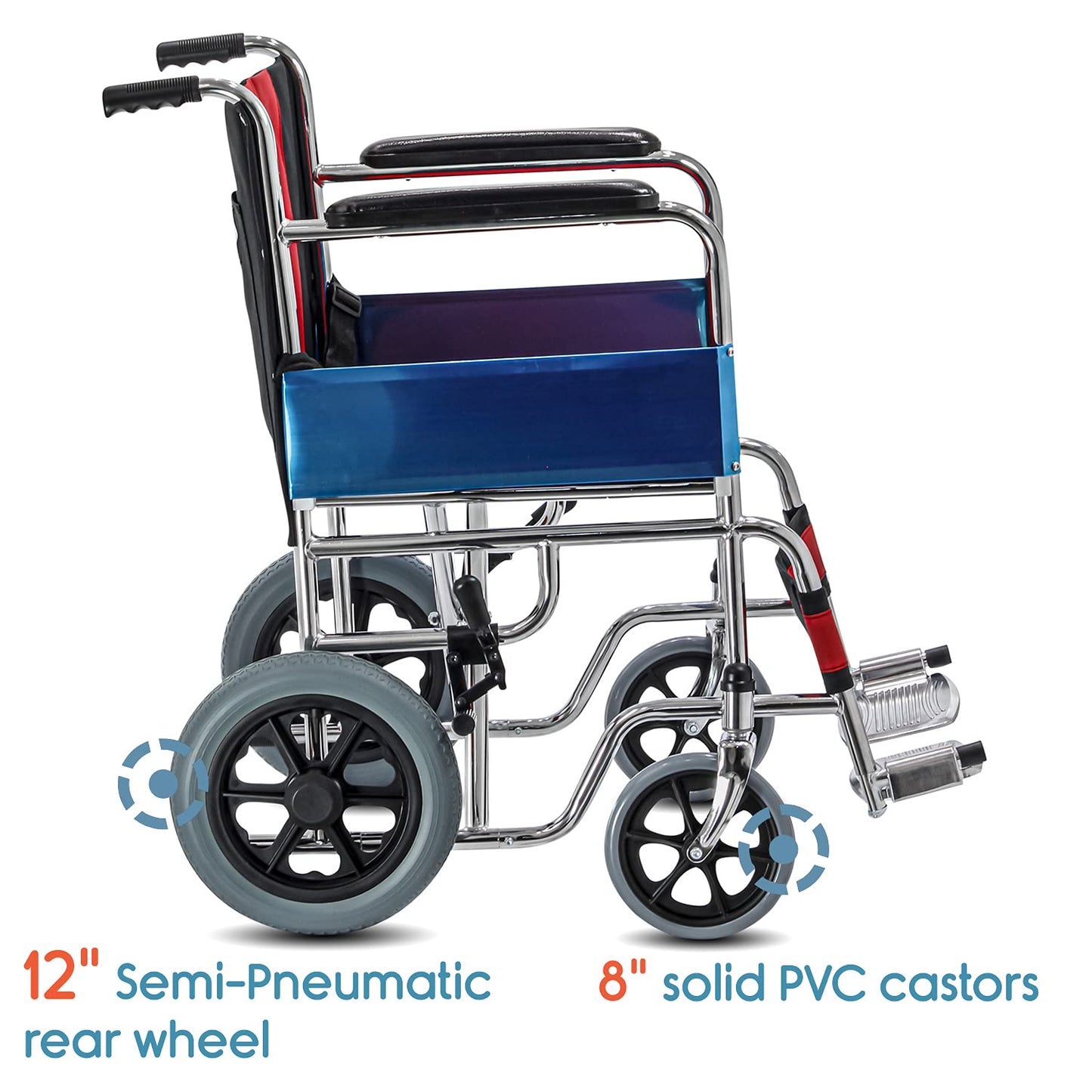 KosmoCare Dura Rexine Wheelchair | Self-Propelled & Attendant Use | Hammered Finish MS Frame | 24" Mag Wheels | Removable Footrests | Foldable Design | Comfortable Rexine Seat | Supports Up to 100 kg