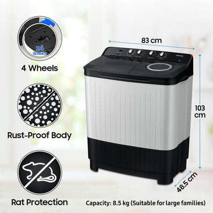 Samsung 8.5 kg, 5 star, Semi-Automatic Washing Machine (WT85C4200GG/TL, Air Turbo Drying, LIGHT GRAY) 