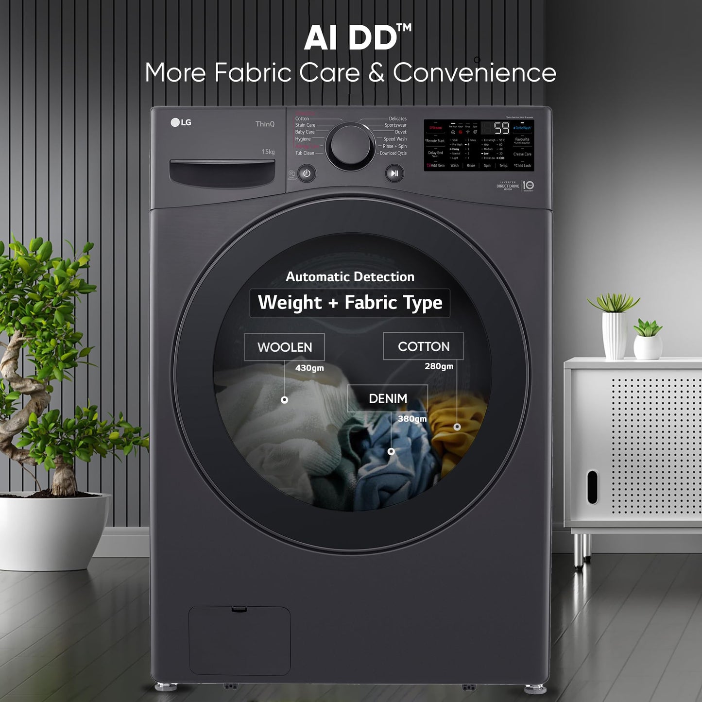 LG 7 Kg, 5 Star, Direct Drive Technology, Steam Wash, 6 Motion DD, Smart Diagnosis, Fully-Automatic Front Load Washing Machine (FHM1207SDM, Allergy Care, In-Built Heater, Touch Panel, Middle Black)