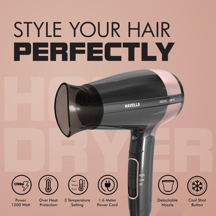 Havells 1200W Foldable Hair Dryer; 3 Heat Settings With Cool Shot (Hot/Cool/Warm),Heat Balance Technology|Cool Black|Your Perfect Blow Dry Companion For Effortless Hair Styling|Hd3161-1200 Watts 