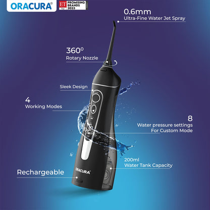 ORACURA® OC200 Dental PRO Smart PLUS Water Flosser® Black, 8 Nozzle Tips, Portable & Rechargeable, Custom 8 Water Pressure Settings, 200ml Tank Capacity, IPX7 Waterproof, 365 Days Warranty