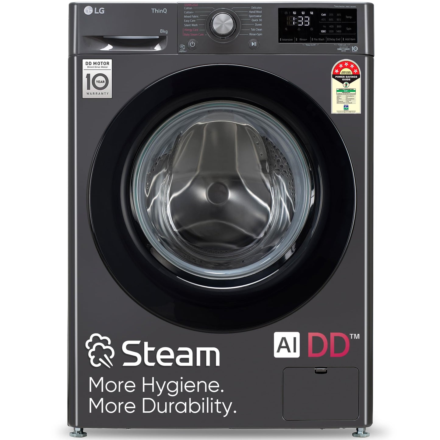 LG 7 Kg, 5 Star, Direct Drive Technology, Steam Wash, 6 Motion DD, Smart Diagnosis, Fully-Automatic Front Load Washing Machine (FHM1207SDM, Allergy Care, In-Built Heater, Touch Panel, Middle Black)