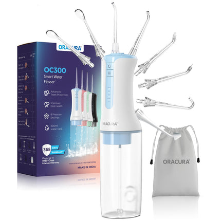 ORACURA® OC300 PRO Smart Pro Water Flosser® Blue | 365 Days Warranty | 4 Modes | Micro-Bubble Technology | 8 Nozzle Tip | 4 Vibrant Colours | 300ml Water Tank