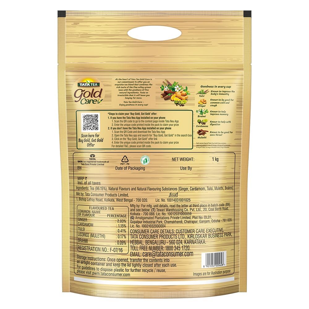 Tata Tea Gold Care, Rich in Taste, Goodness of Elaichi, Ginger, Tulsi, Brahmi & Mulethi, Black Tea, Loose Leaves, 1kg