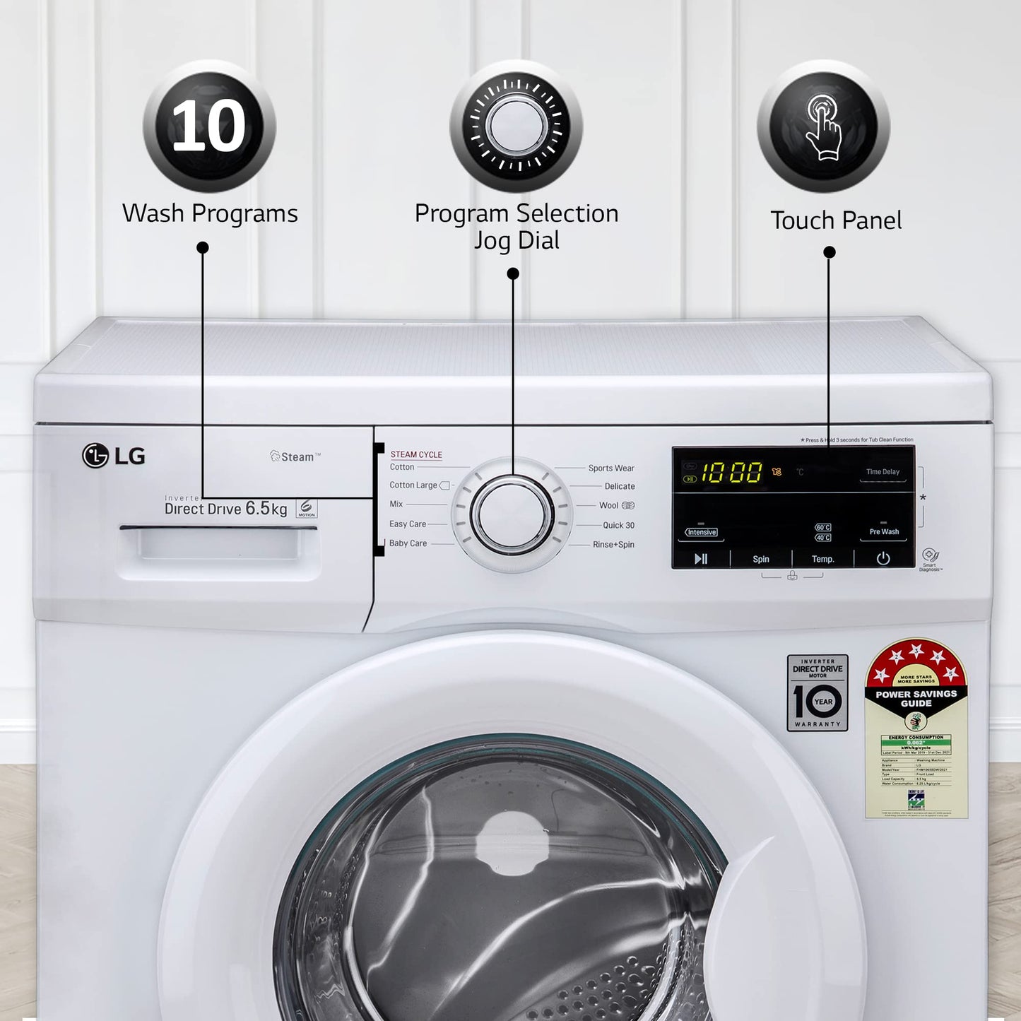 LG 6.5 Kg, 5 Star, Direct Drive Technology, Steam Wash, 6 motion DD, Smart Diagnosis, Fully Automatic Front Load Washing Machine (FHM1065SDW, Allergy Care, In-Built Heater, Touch Panel, White)