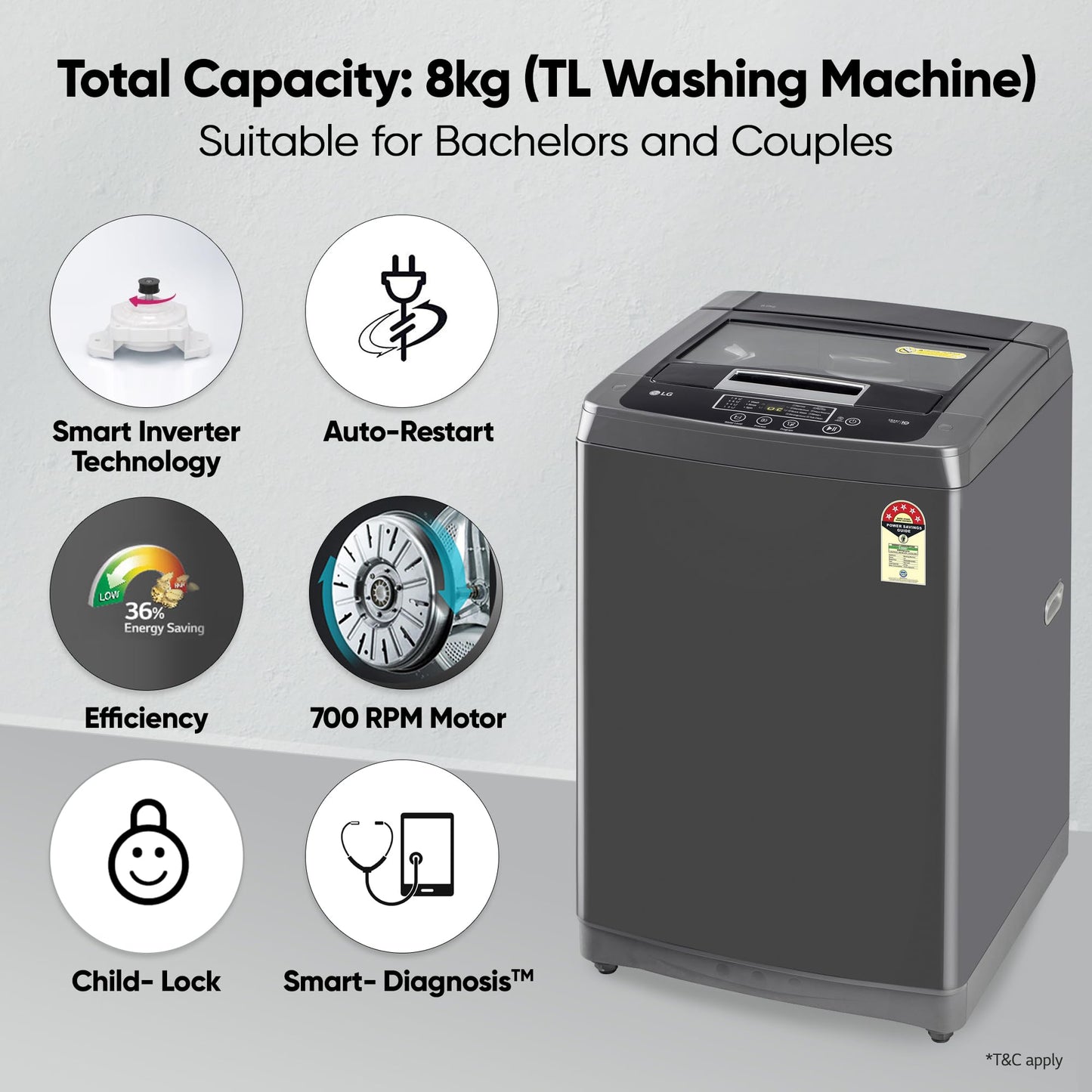 LG 8 Kg 5 Star Smart Inverter Technology Fully Automatic Top Load Washing Machine (2025 Model, T80VBMB4Z, Turbodrum, Auto Prewash, Stainless Steel drum, LED Display, Smart Diagnosis, Middle Black)