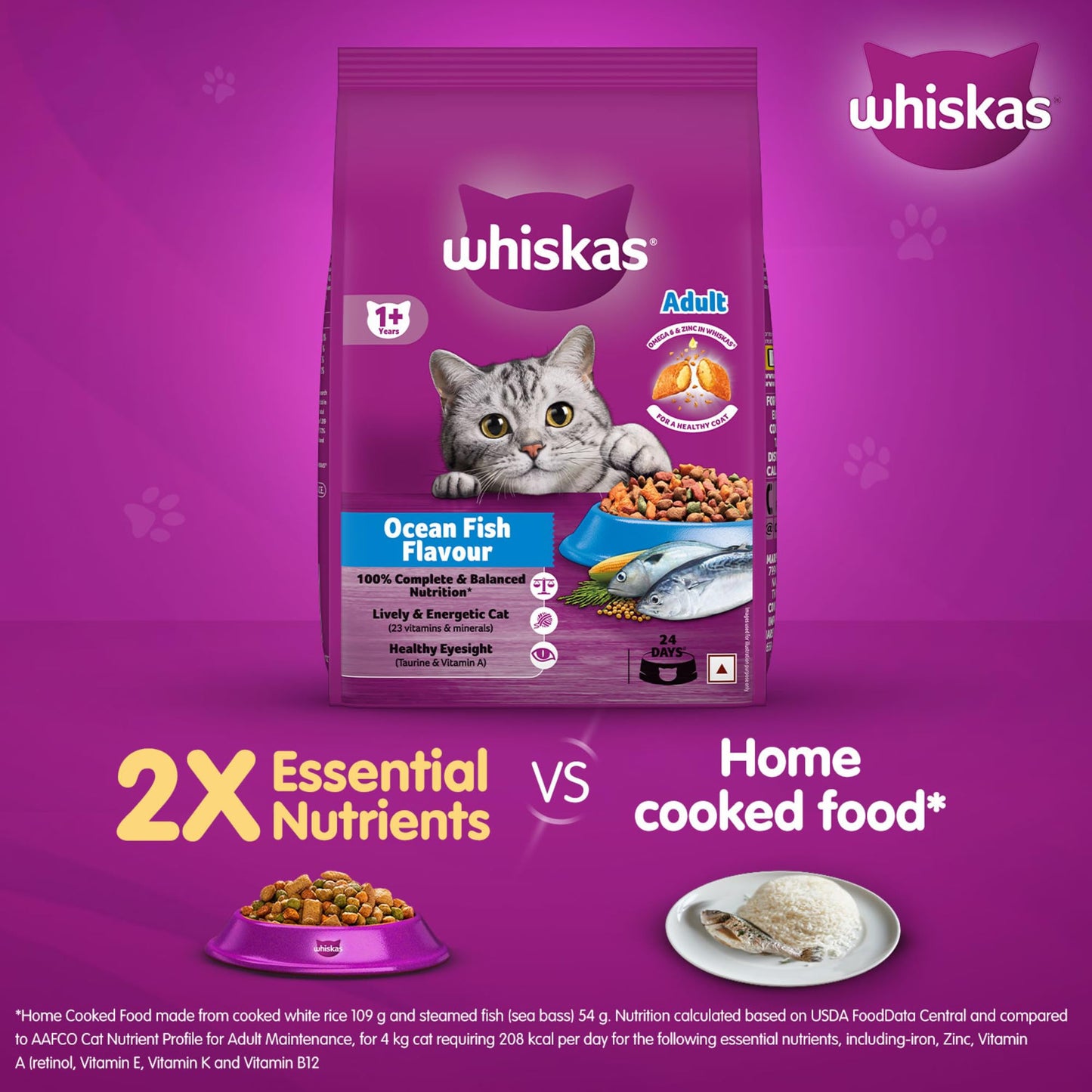 Whiskas Adult (1+ Years) Dry Cat Food, Ocean Fish Flavour, 480 g, Contains 41 Essential Nutrients, Complete & Balanced Nutrition for Adult Cats