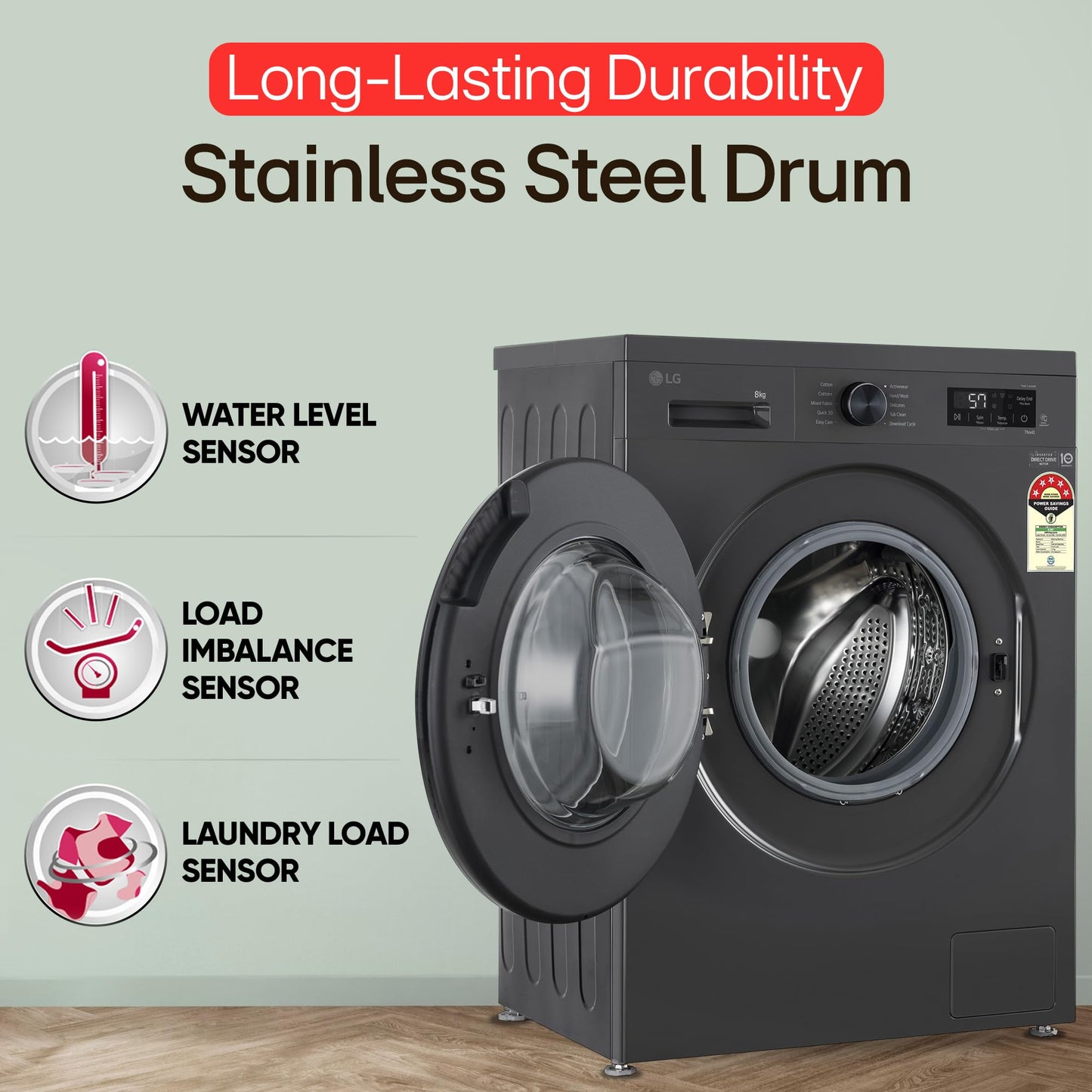 LG 7 Kg, 5 Star, Direct Drive Technology, Steam Wash, 6 Motion DD, Smart Diagnosis, Fully-Automatic Front Load Washing Machine (FHM1207SDM, Allergy Care, In-Built Heater, Touch Panel, Middle Black)