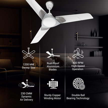 Polycab Aereo Plus Star Rated, 1200mm Ceiling Fan For Home | 100% Copper, High Speed & Air Delivery | Saves Up To 33% Electricity, Rust-Proof Aluminium Blades, 52 Watt | 3 Years Warranty【Lilac Silver】