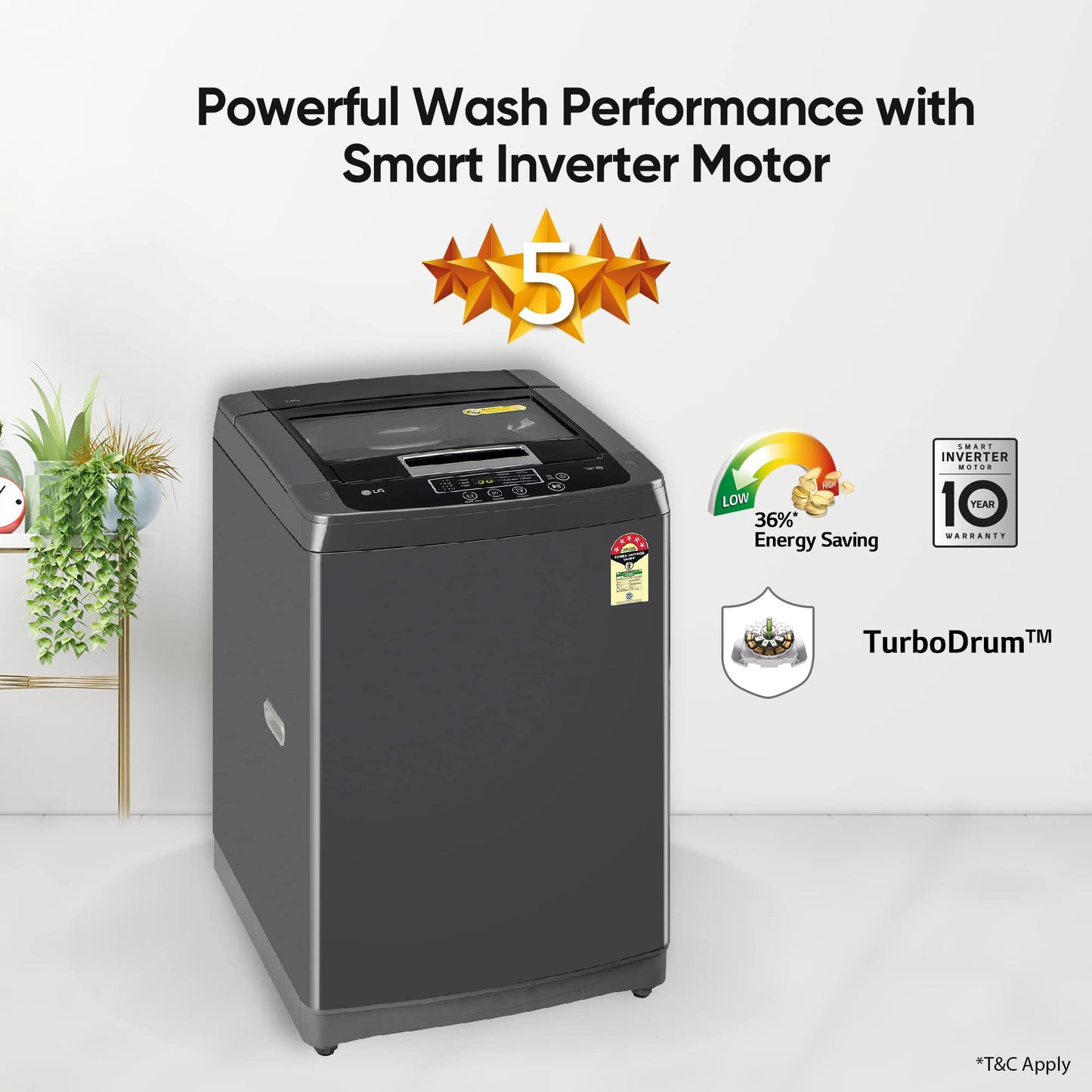 LG 7 Kg 5 Star Smart Inverter Technology Fully Automatic Top Load Washing Machine (2025 Model, T70VBMB1Z, Auto Prewash, Turbodrum, Stainless Steel drum, LED Display, Smart Diagnosis Middle Black)