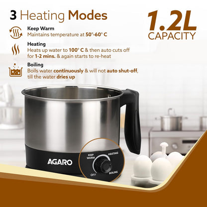 AGARO Esteem Electric Multi Kettle 1.2L, 600W, with Stainless Steel Body, Egg Rack, Grill Rack, 3 Heating Modes & Rapid Boil Technology, Boiling Water and milk, Tea, Coffee, Oats, Noodle, Soup