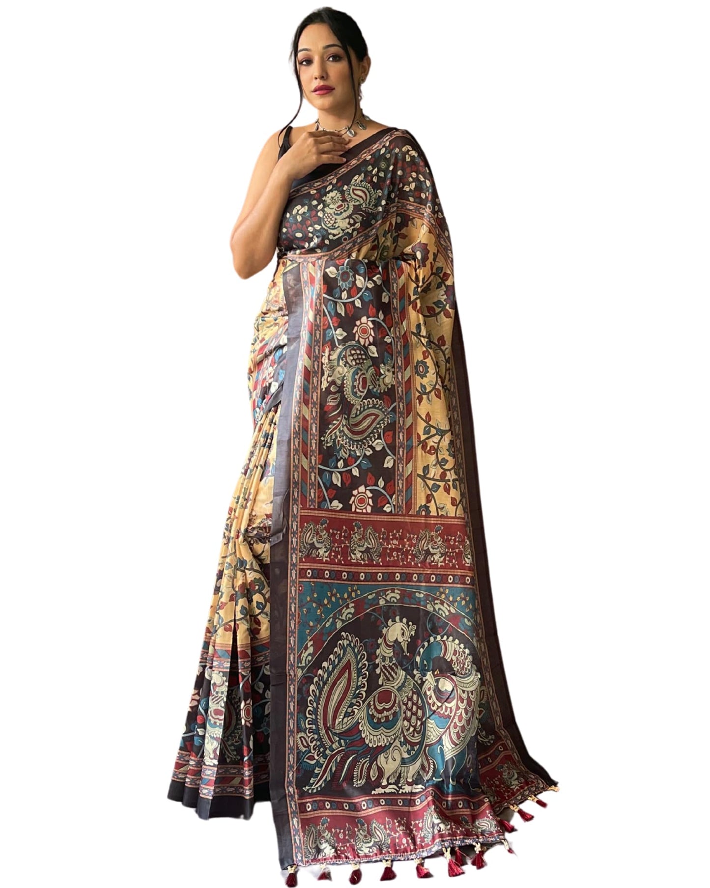 SGF11 Women's Cotton Linen Kalamkari Silk Printed Saree With Blouse Piece