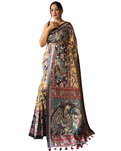 SGF11 Women's Cotton Linen Kalamkari Silk Printed Saree With Blouse Piece