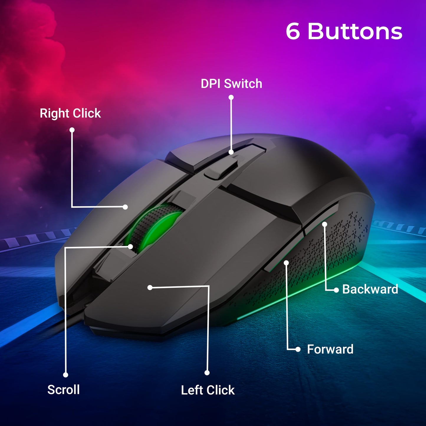 ZEBRONICS PHERO Wired Gaming Mouse with up to 1600 DPI, Rainbow LED Lights, DPI Switch, High Precision, Plug & Play, 4 Buttons