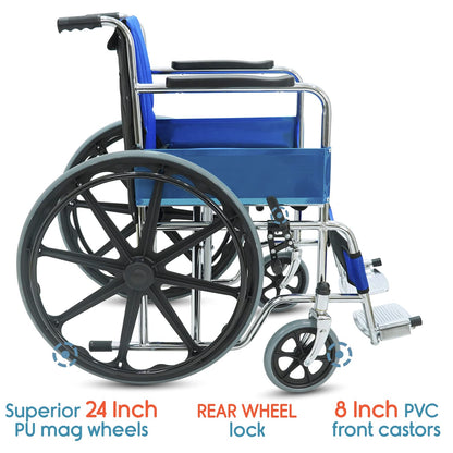 KosmoCare Dura Rexine Wheelchair | Self-Propelled & Attendant Use | Hammered Finish MS Frame | 24" Mag Wheels | Removable Footrests | Foldable Design | Comfortable Rexine Seat | Supports Up to 100 kg