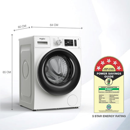 Whirlpool 7 Kg 5 Star Inverter Front Load Fully Automatic Washing Machine with In-Built Heater (XS7010BWW52E, Crystal White, 100+ Tough Stains, Steam Technology, 6th Sense Soft Move, 2024 Model) 