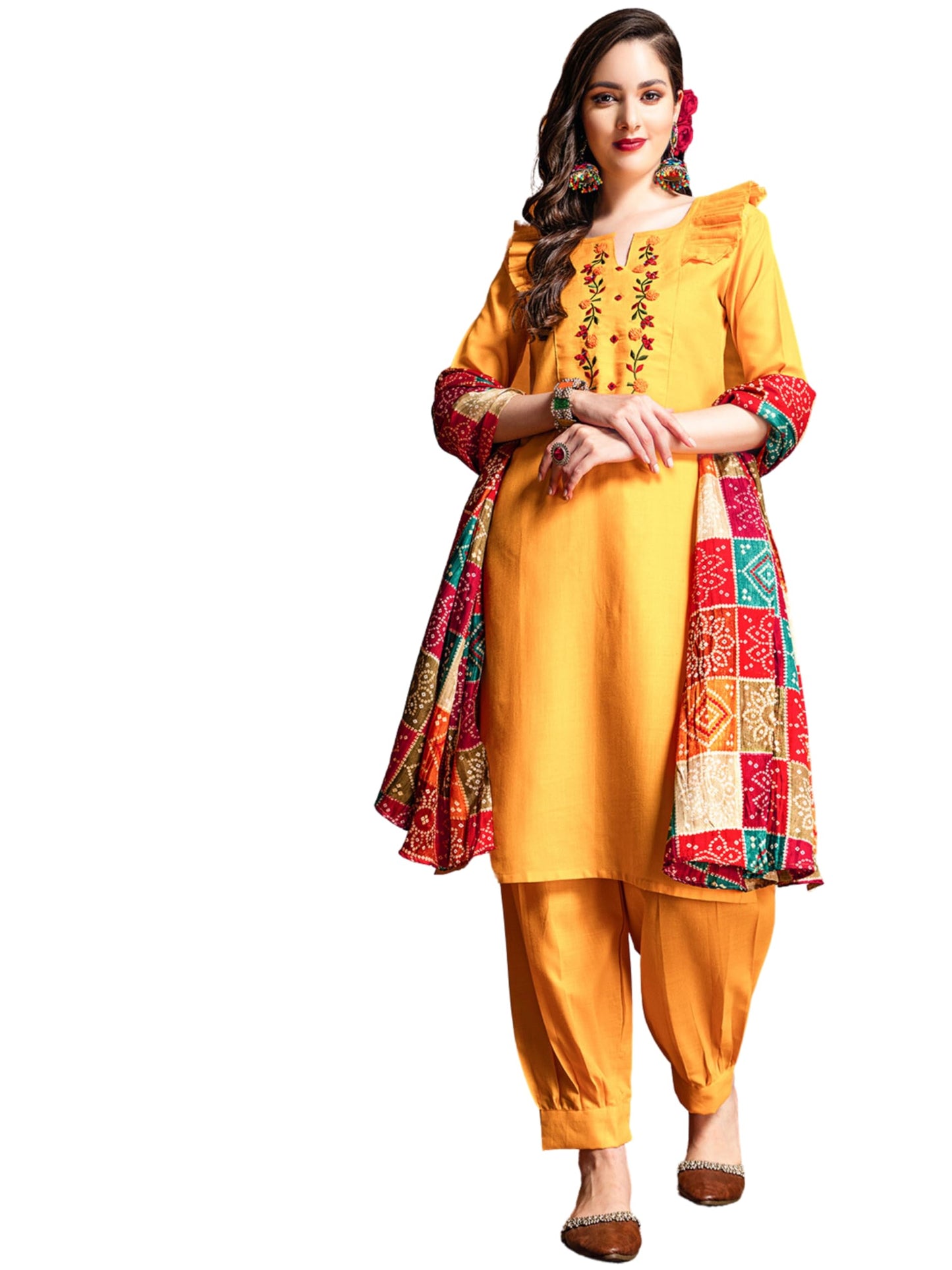 EthnicJunction Women's Embroidered Mirror Work Cotton Straight Salwar Kurta Dupatta Set