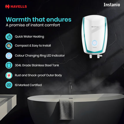 Havells Instanio 3L Instant Water Heater(Geyser)| Temp. Sensing LED Indicator| Rust & Shock Proof Body| ISI Marked|With Flexible Pipes|Warranty: 5 year on Inner Tank| High Rise Compatible (White Blue) 