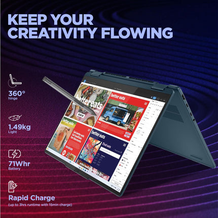 Lenovo Yoga 7 Intel Evo Core Ultra 7 155H Built-in AI 14"(35.5cm) WUXGA OLED 400Nits 2-in-1 Laptop (16GB/1TB SSD/Win 11/Office 21/Digital Pen/FHD+IR Camera/3 Mon. Game Pass/Teal/1.5Kg), 83DJ006YIN 