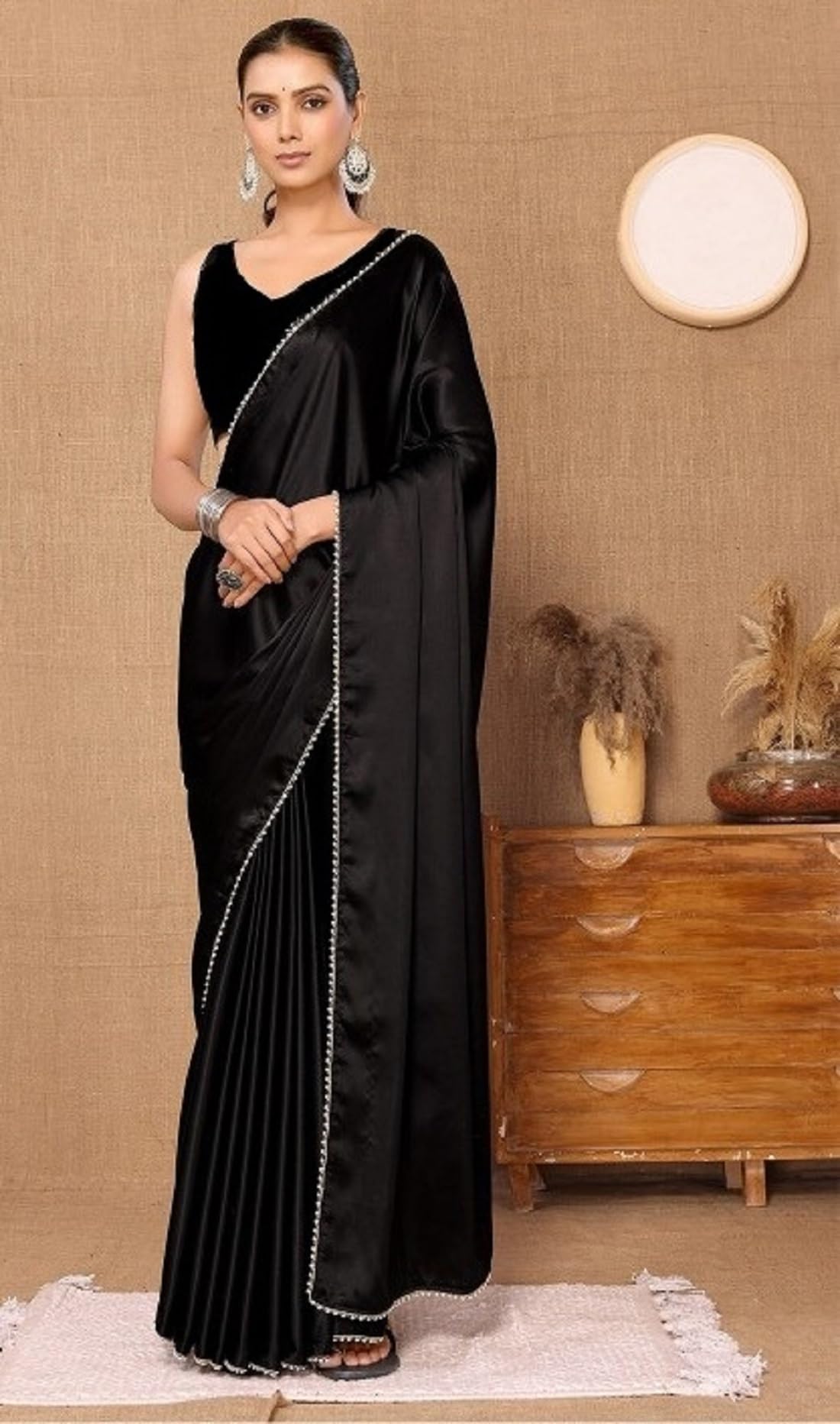 SATAZ Women's Ready to Wear Black Satin Silk 1 Minute Pre Pleated Saree with Beads Lace and Unstiched Blouse