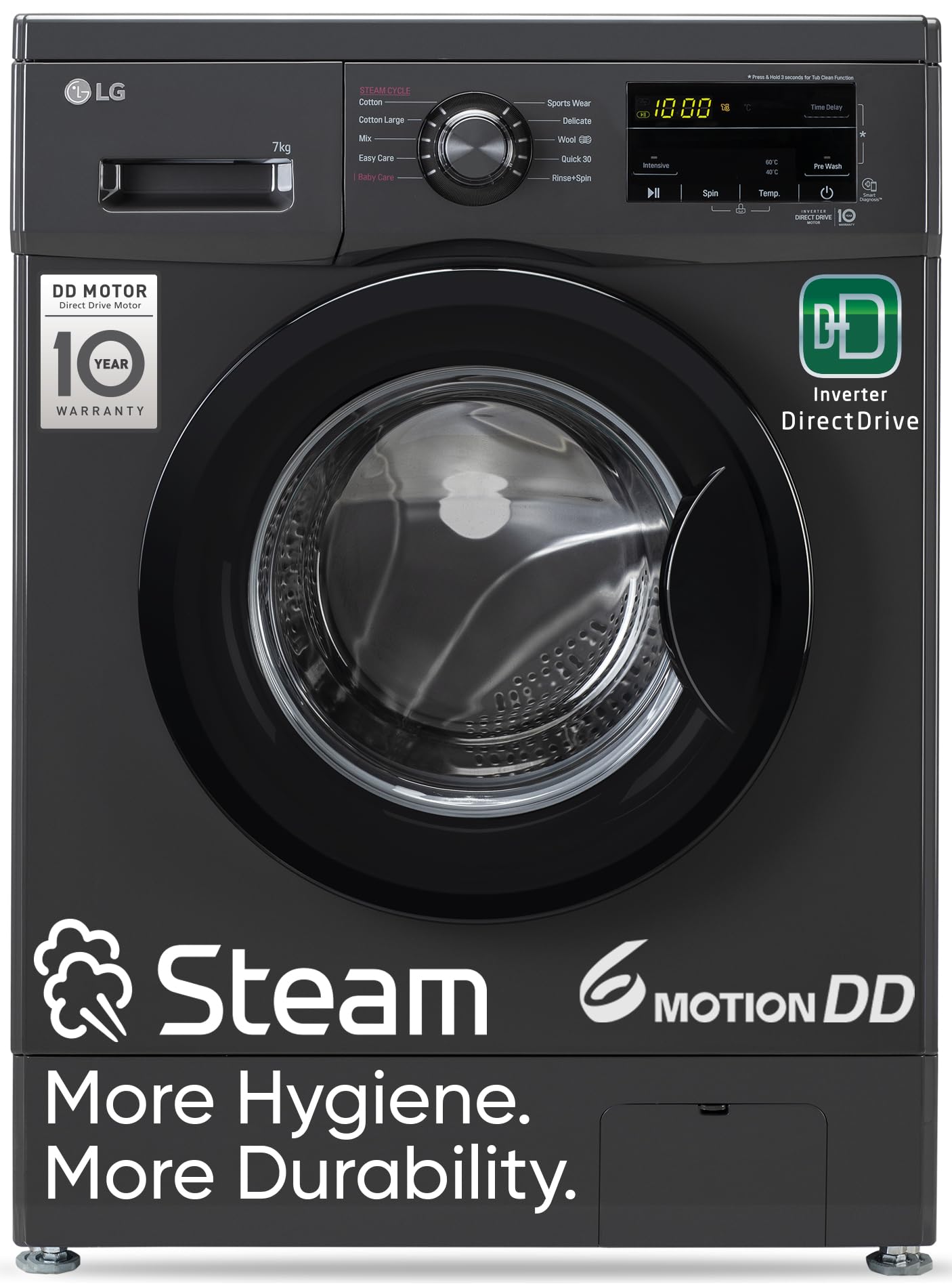 LG 7 Kg, 5 Star, Direct Drive Technology, Steam Wash, 6 Motion DD, Smart Diagnosis, Fully-Automatic Front Load Washing Machine (FHM1207SDM, Allergy Care, In-Built Heater, Touch Panel, Middle Black)