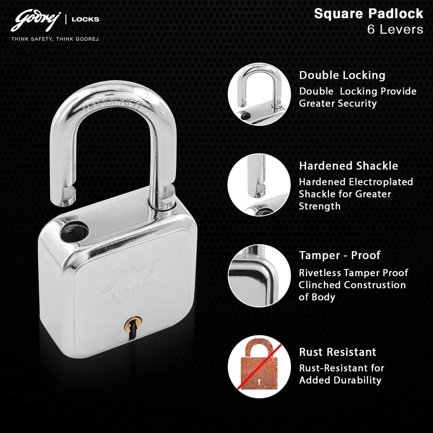 Godrej Locks I Square 6 levers 50mm I 4 Keys I Padlock for Main Door I Gate Lock I Lock for Tool Box, Shutters, Shops & Offices I Corrosion Resistant Shackle I Silver Finish