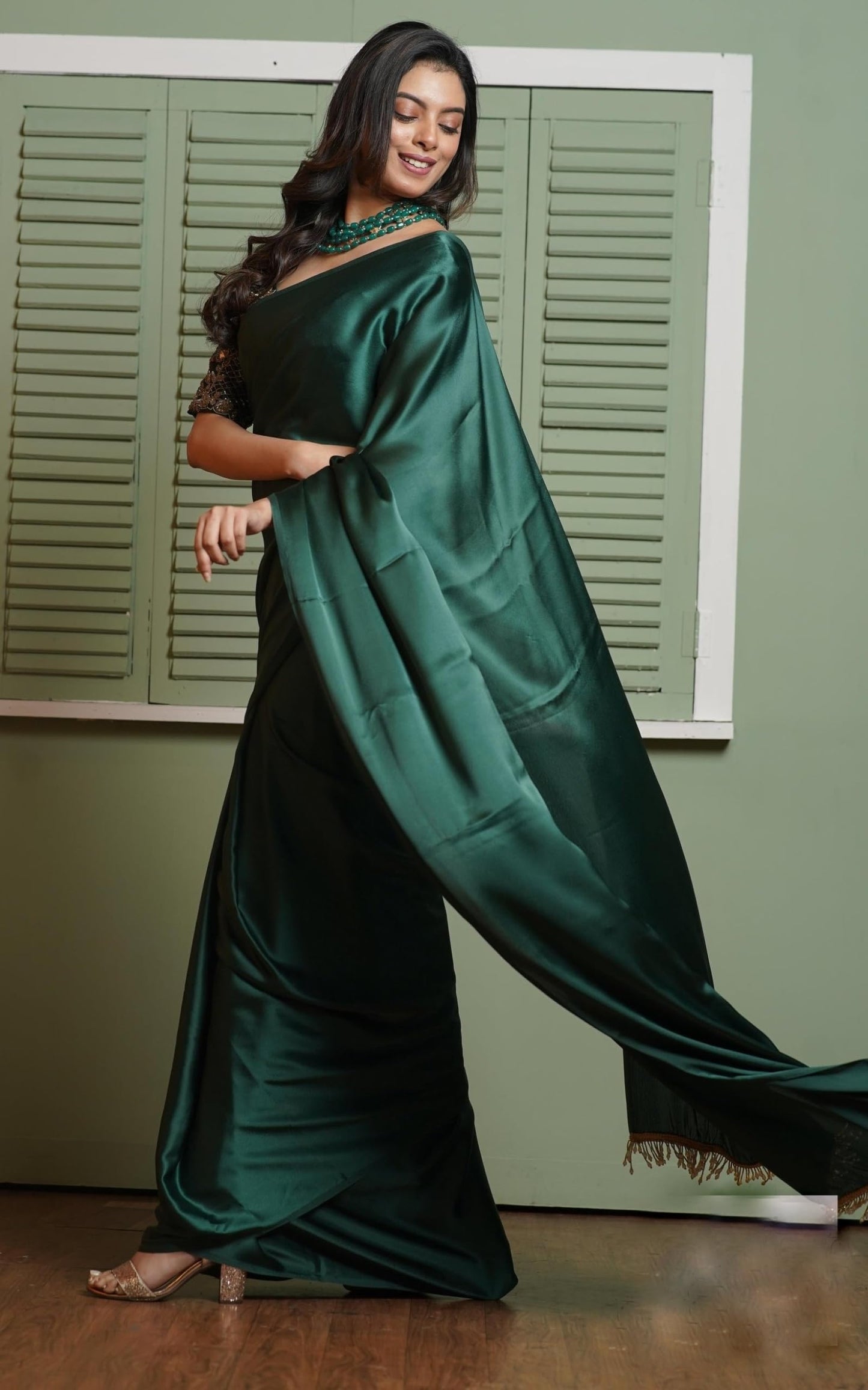 SATAZ Women's Ready to Wear Satin Silk 1 Minute Pre Pleated Heavy Saree with Solid Plain Green Unstiched Blouse