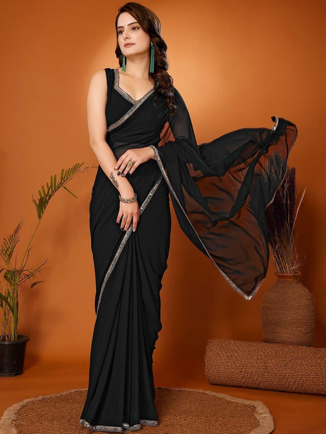 SATAZ Women's Ready to Wear Black Georgette 1 Minute Pre Pleated Mirror Lace Saree with Unstiched Blouse