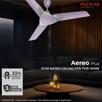 Polycab Aereo Plus Star Rated, 1200mm Ceiling Fan For Home | 100% Copper, High Speed & Air Delivery | Saves Up To 33% Electricity, Rust-Proof Aluminium Blades, 52 Watt | 3 Years Warranty【Lilac Silver】