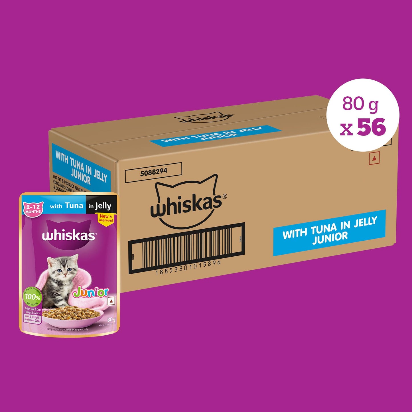 Whiskas Junior Kitten (2-12 Months) Wet Cat Food, Tuna in Jelly, 80 g, Hydrating Food Made With Real Fish, 100% Complete & Balanced Nutrition for Kittens