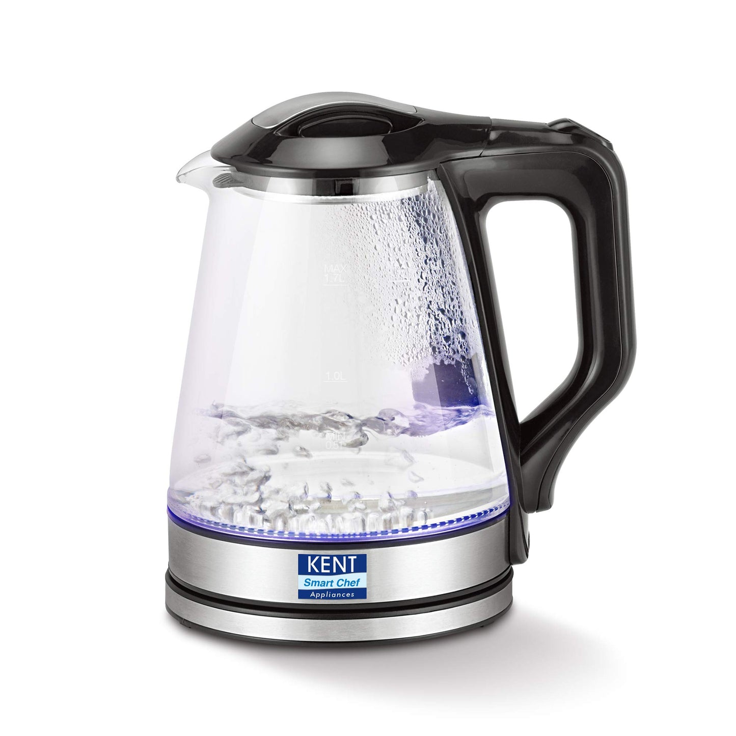 KENT Elegant Electric Glass Kettle (16052), 1.8L, Stainless Steel Heating Plate, Borosilicate Glass Body, Boil Drying Protection