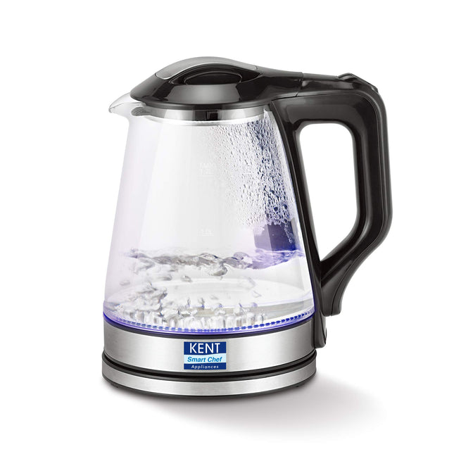 KENT Elegant Electric Glass Kettle (16052), 1.8L, Stainless Steel Heating Plate, Borosilicate Glass Body, Boil Drying Protection